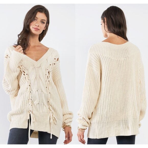 Beige Laced Up Off Shoulder V Neck Tunic Sweater - Picture 2 of 10